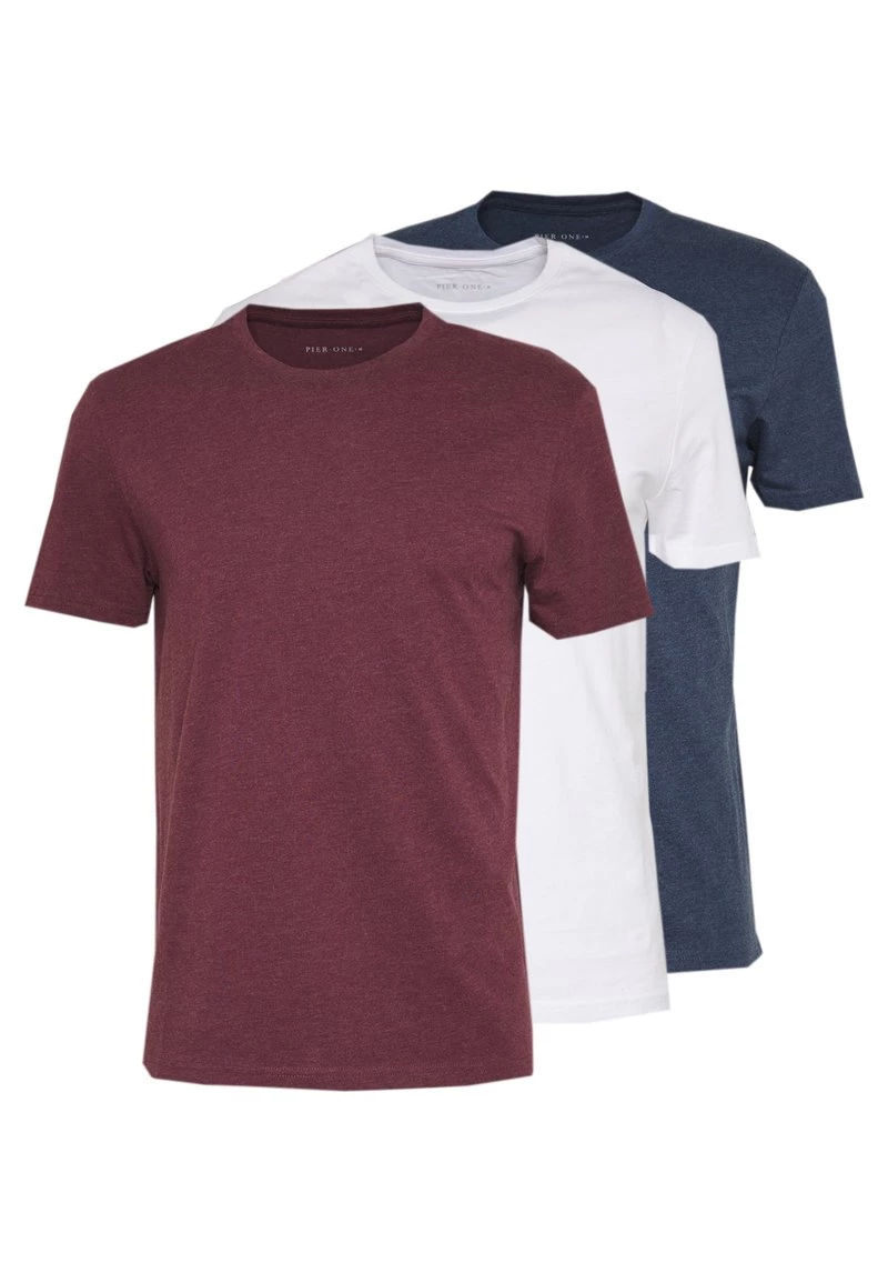 Pier One Hombre 3 PACK - Camiseta Básica - Mottled Bordeaux/white/blue 3 Pier One Hombre 3 PACK - Camiseta Básica - Mottled Bordeaux/white/blue